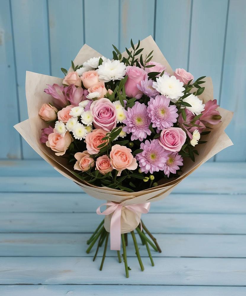 Букет цветов из: Хризантемы, Розы и Альстромерии в Болгатищево