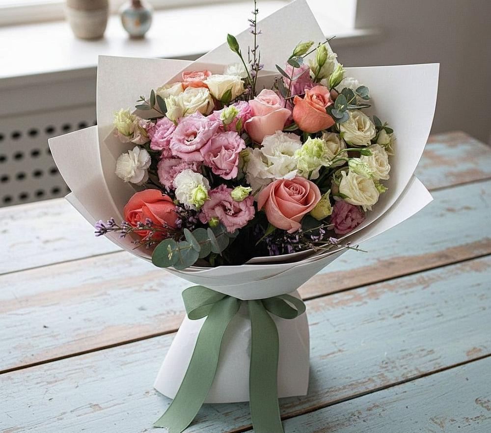 Букет цветов из: Розы, Лизиантусы и Гвоздики в Болгатищево