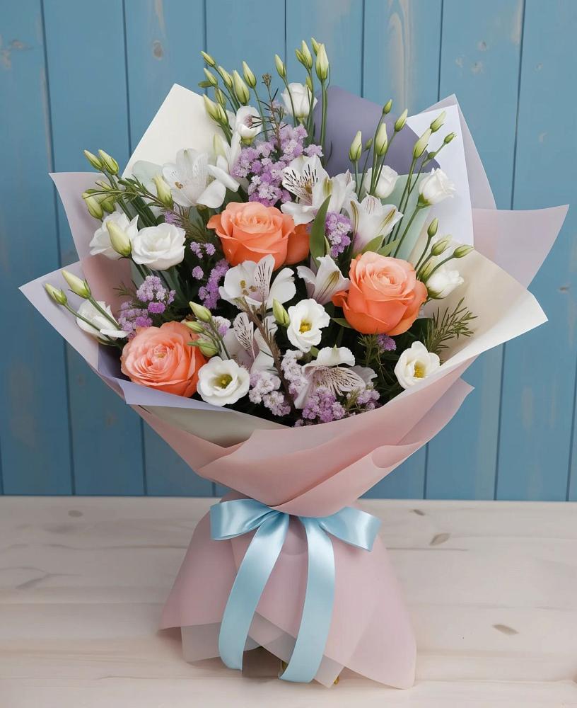 Букет цветов из: Лизиантусы, Розы, Альстромерии и Гипсофила в Болгатищево