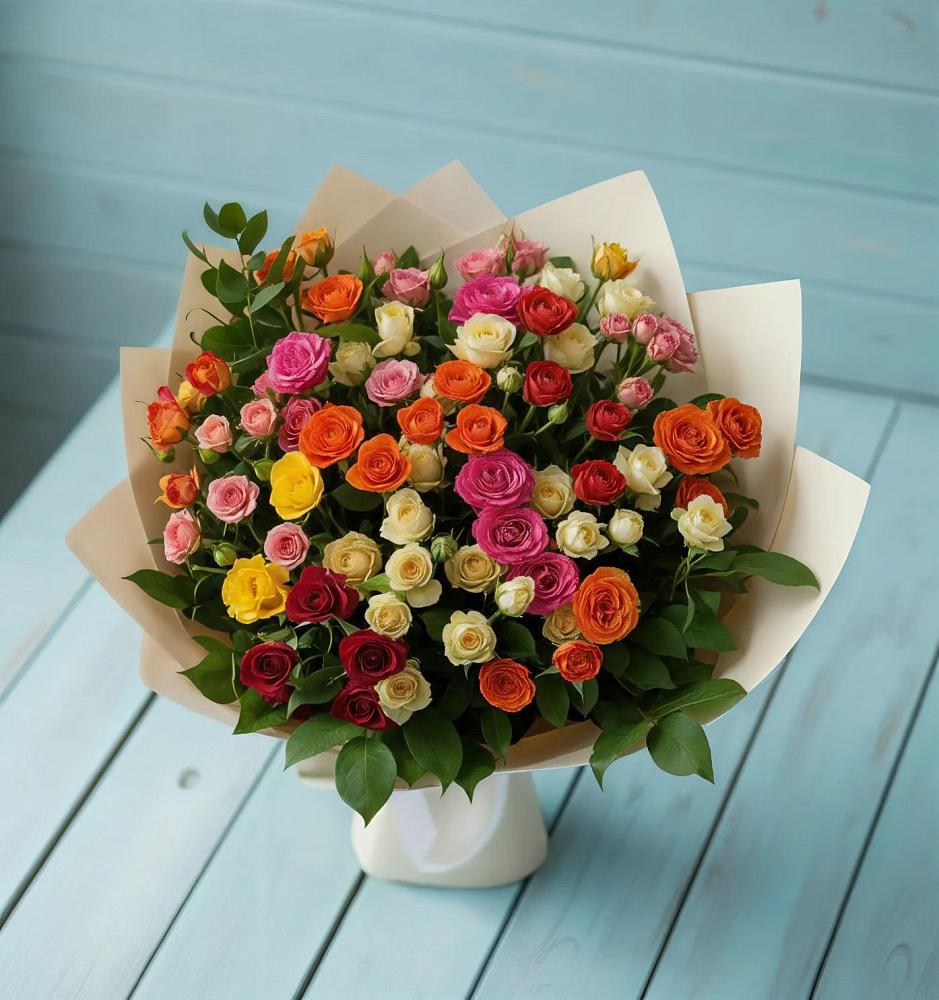 Букет Микс из разноцветных кустовых роз в Болгатищево