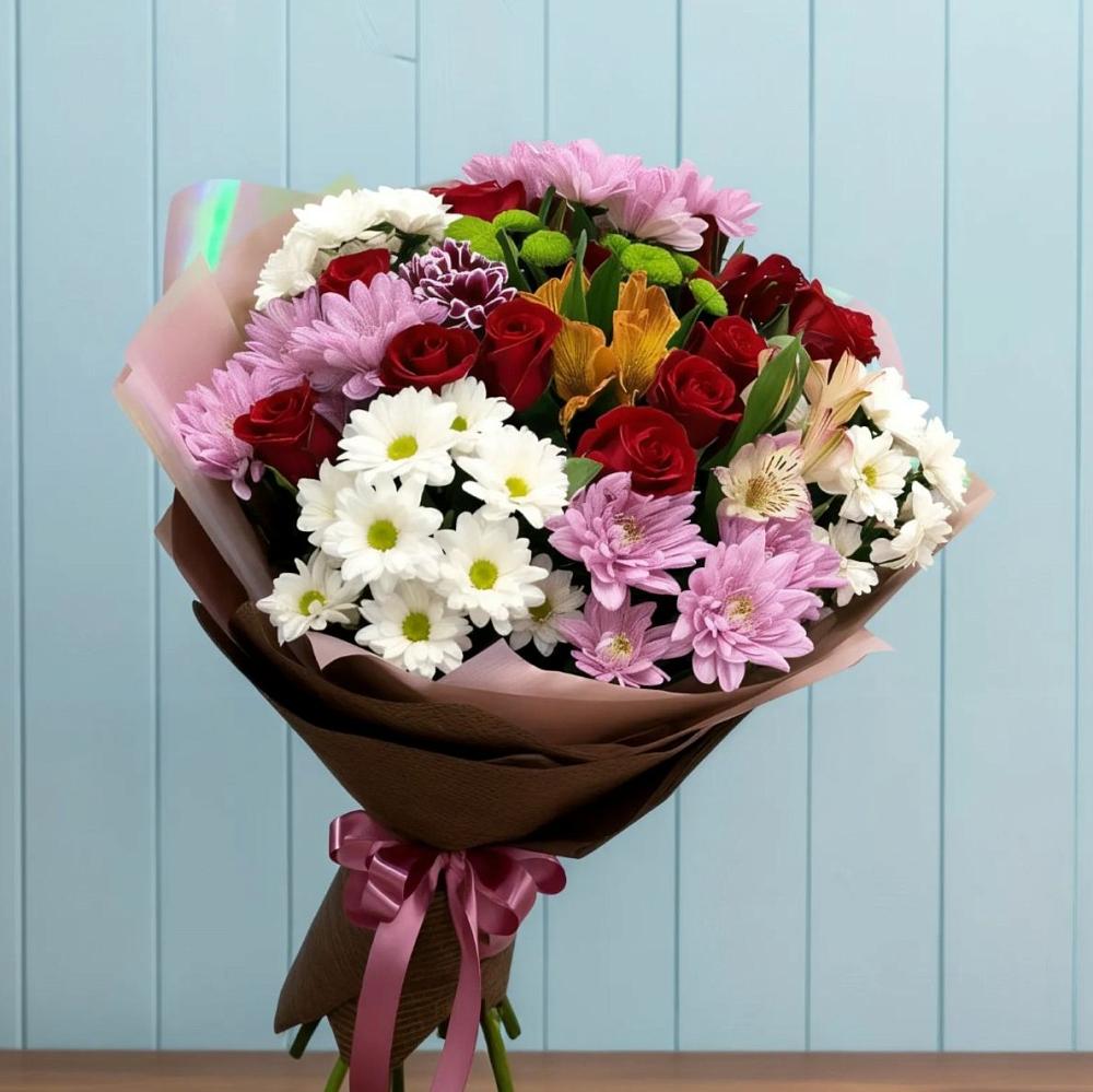 Букет цветов из: Розы, Хризантемы и Альстромерии в Болгатищево