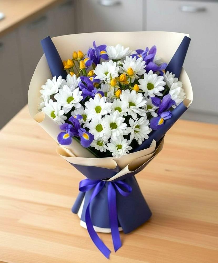 Букет цветов из: Розы, Ирисы и Хризантемы в Болгатищево